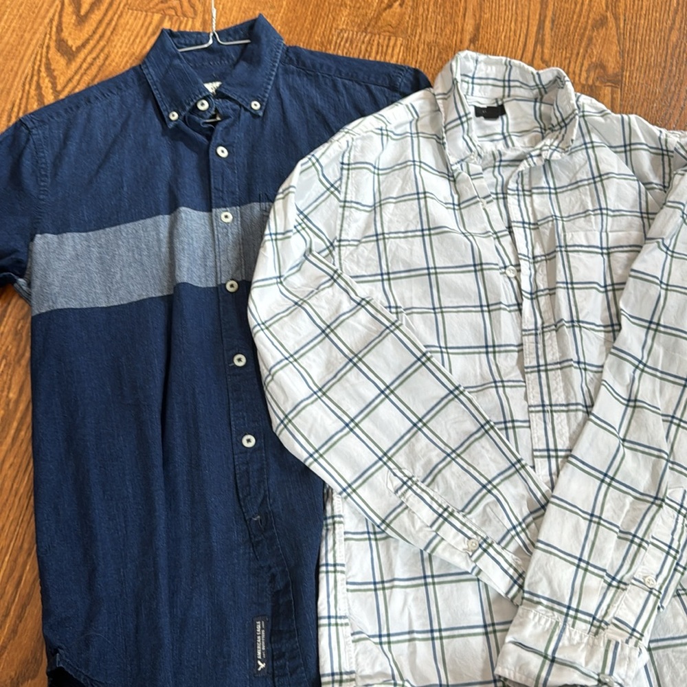 AEO indigo chambray & J crew windowpane plaid checkered button down shirts Sz XS